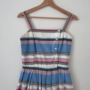 Vtg 80’s Lori Ann Striped Sleeveless Button Up Pleated Sun Dress Sz L Cotton